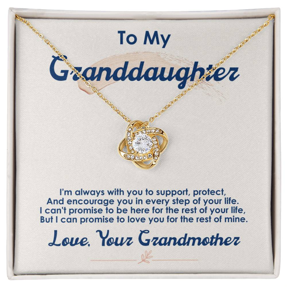 Sentimental gold love knot necklace, sparkle CZ center, white card with blue text, perfect granddaughter birthday or graduation gift.