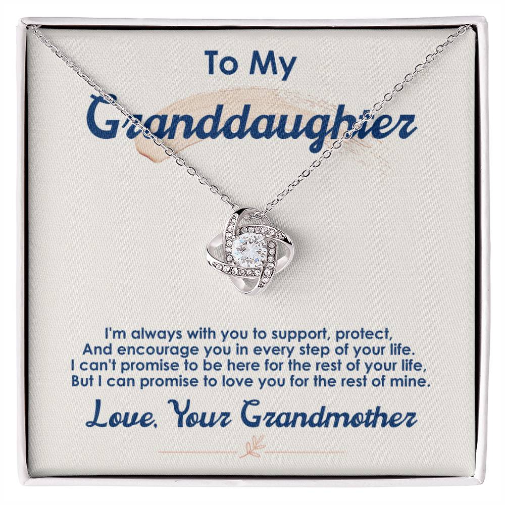 To My Granddaughter gold love-knot necklace in mahogany LED box, card with message of support and love from Grandmother.