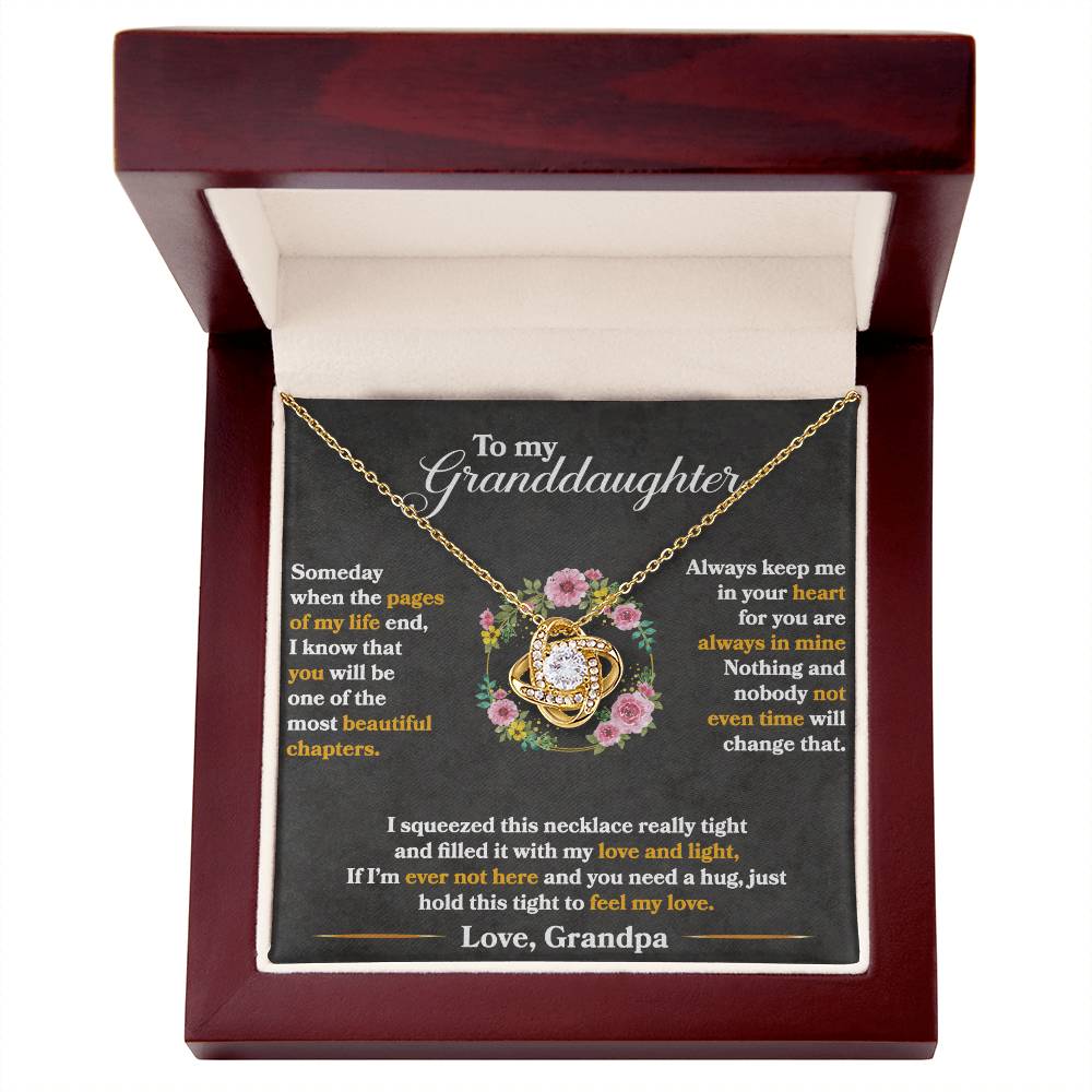 Graduation or birthday keepsake necklace for granddaughter, adjustable cable chain and LED box, “beautiful chapters” quote printed on card.