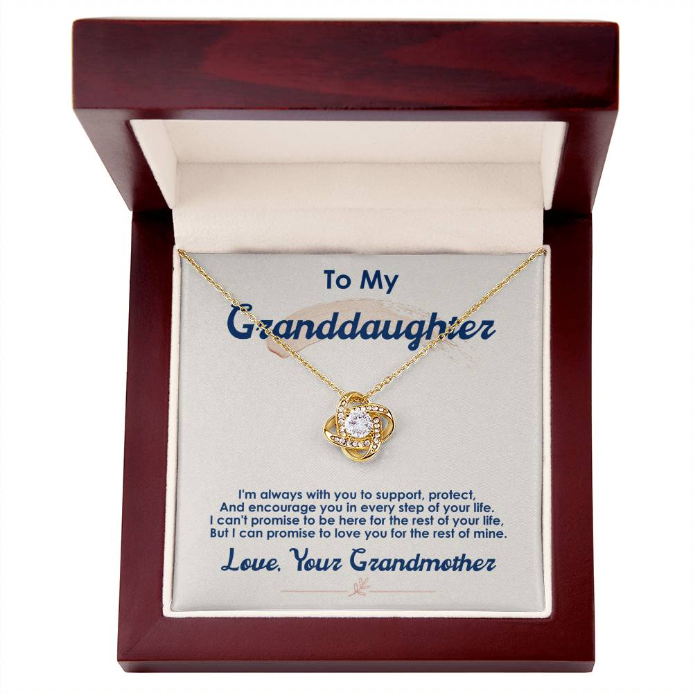 Elegant granddaughter necklace—gold knot pendant, “promise to love you” quote, mahogany LED box for memorable keepsake.