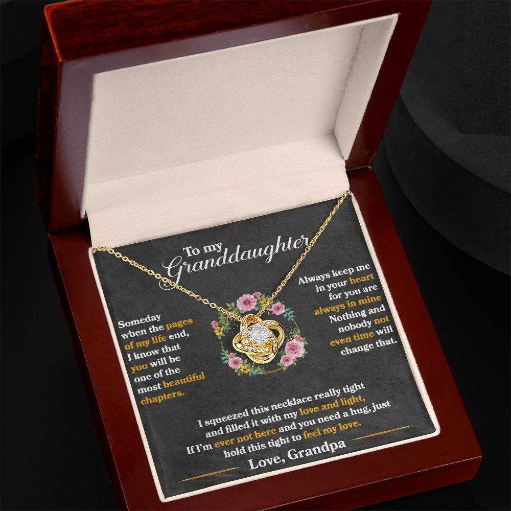 Floral love-knot pendant with message card from Grandpa, cubic zirconia sparkle, perfect sentimental granddaughter gift.