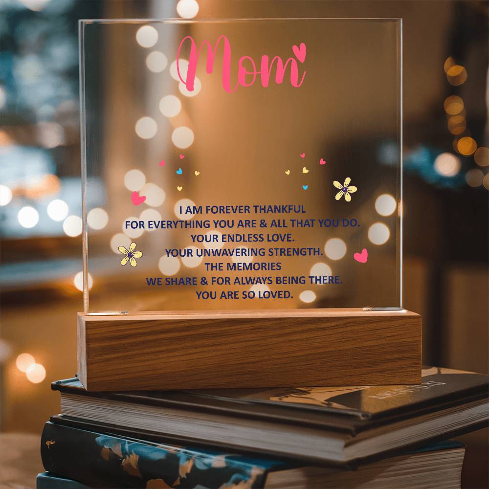 Thank-you Mom LED acrylic plaque with bright pink lettering, cute doodle hearts & flower graphics—meaningful keepsake light.