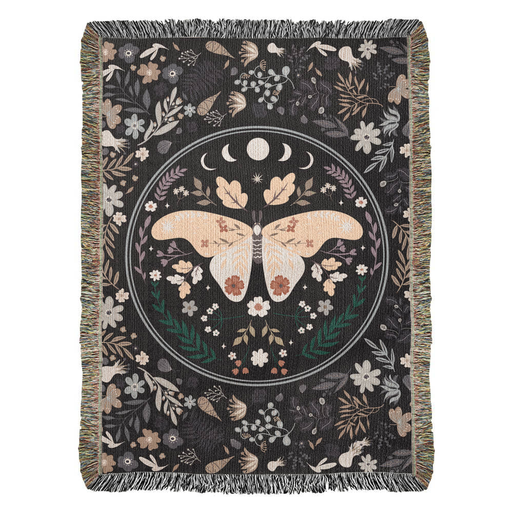 Boho lunar moth illustration framed by moon phases and vintage florals on dark background—botanical folk wall art or tapestry.