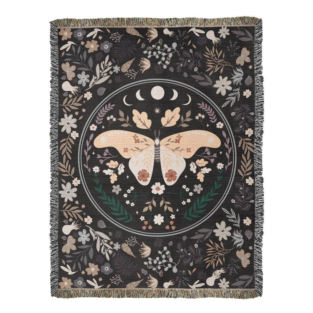 Mystical moon-phase moth surrounded by pastel leaves and flowers, earthy folk-art design perfect for bohemian décor prints.