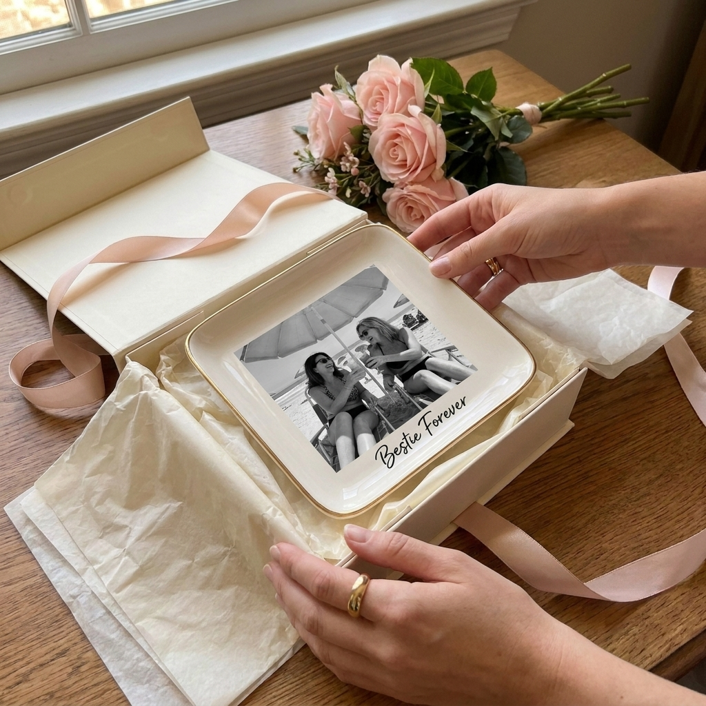 Ceramic Jewelry Dish Gold Rim Ring Holder Best Friend Trinket Tray White Ceramic Surface Friendship Gift Idea Vanity Storage Organizer Dresser Top Display Rounded Square Shape Gold Accent Design Perfect Present For Besties Appreciation Gift