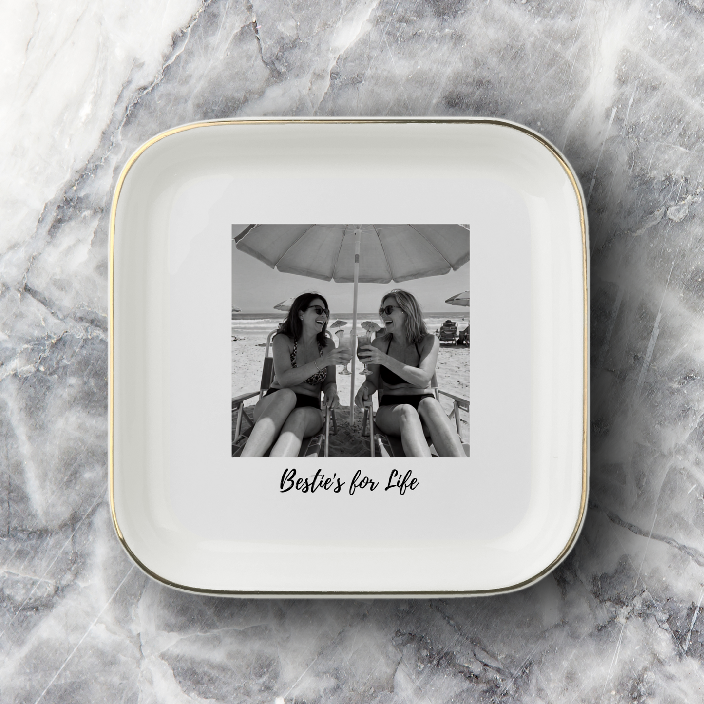 Best Friend Gift Ceramic Jewelry Dish Gold Rim Trinket Tray White Ceramic Ring Holder Friendship Present Besties Gift Idea Vanity Organizer Dresser Display Rounded Square Shape Gold Accent Trim Perfect Thank You Gift Appreciation Present