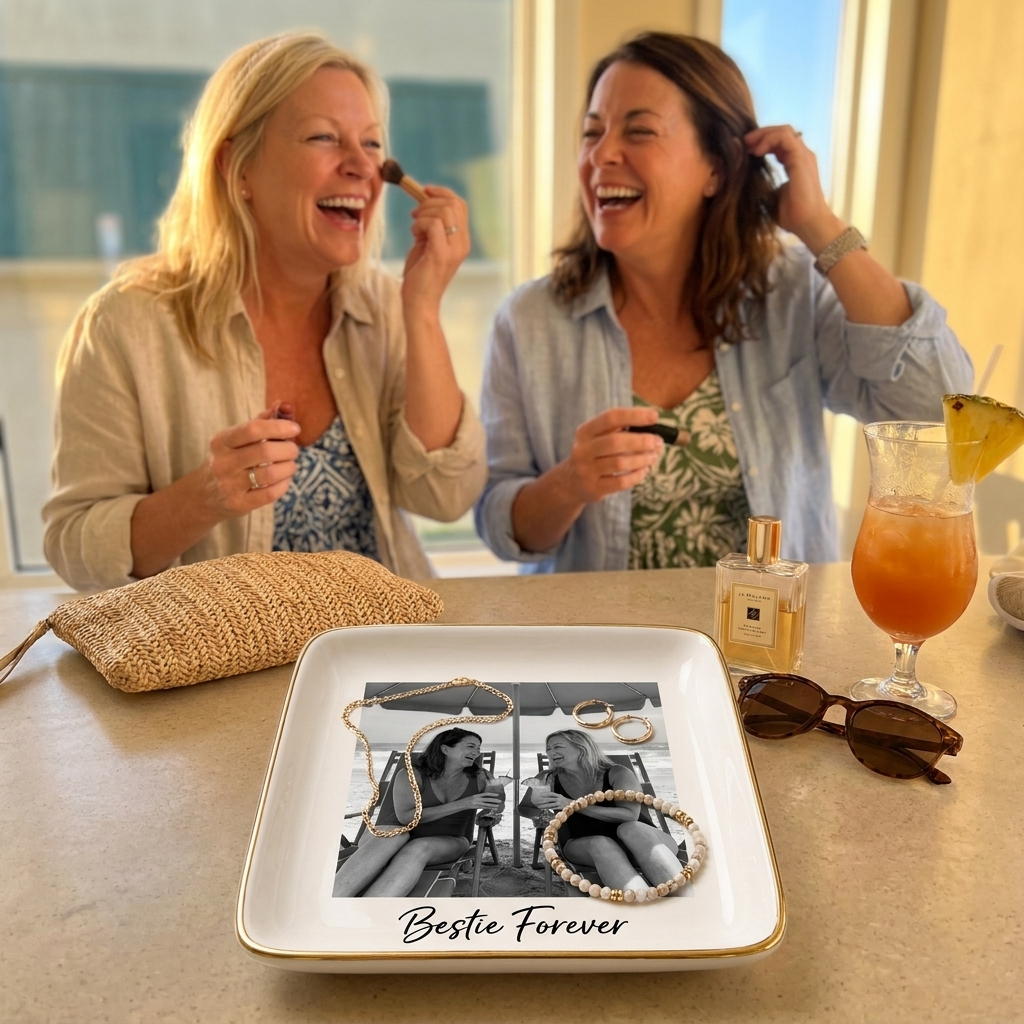 Gold Rim Trinket Tray Ceramic Jewelry Dish Best Friend Gift White Ceramic Ring Holder Friendship Present Vanity Organizer Gold Accent Trim Rounded Square Design Dresser Display Storage Perfect Birthday Gift Besties Appreciation Present