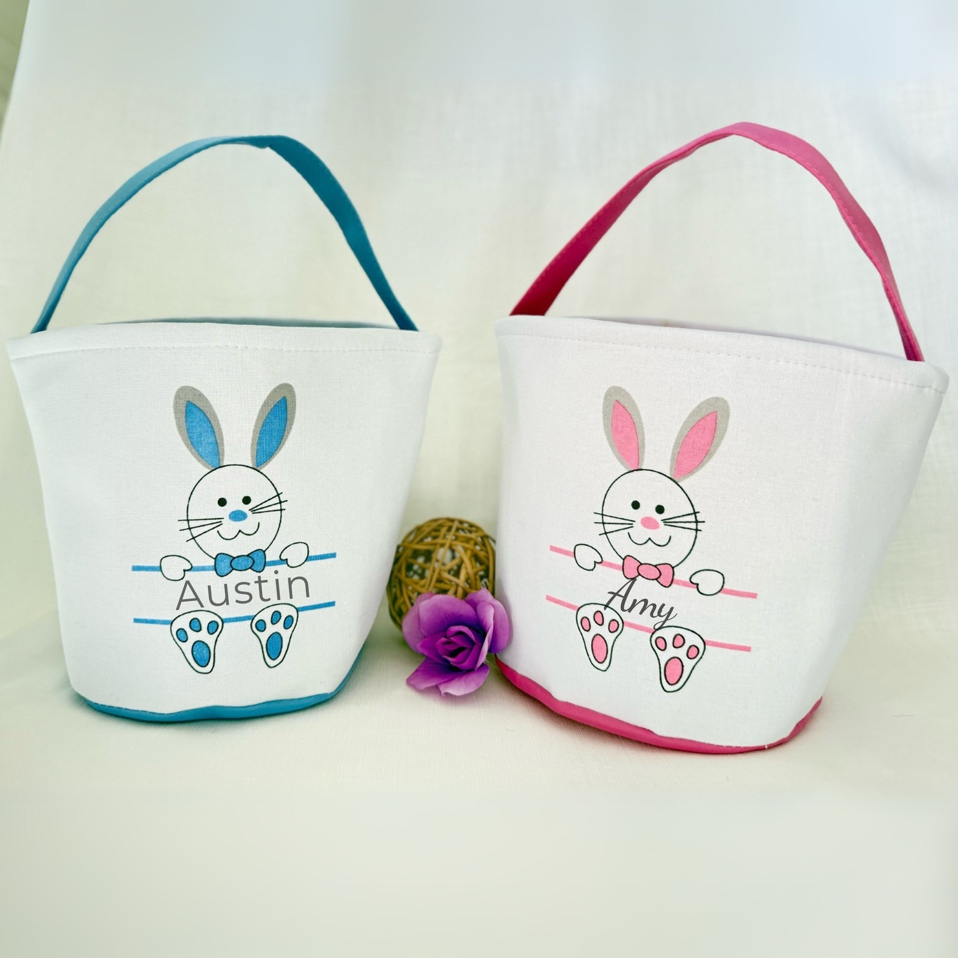 Adorable bunny face and fluffy tail on Easter basket, charming detail for spring celebrations.