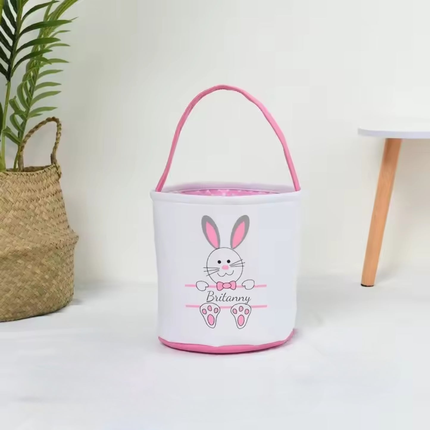 Personalized Easter bunny basket with name on canvas bag, ideal for kids' egg hunts.