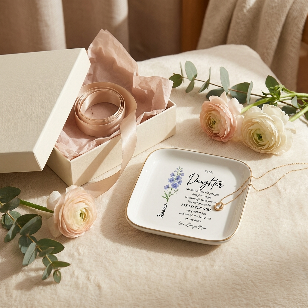 Meaningful Daughter Gift Personalized Ceramic Dish Custom Name Birth Flower Design Sentimental Keepsake Collection Ring Holder Dresser Decor Perfect Birthday Present Graduation Gift Mother Daughter Celebration Beautiful Floral Pattern