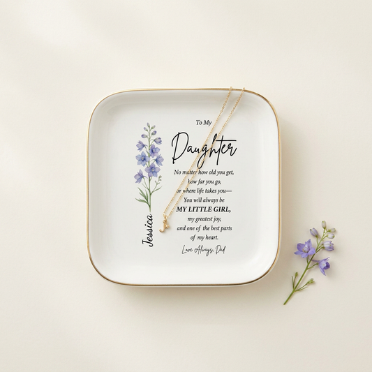 Personalized Jewelry Dish Custom Name Birth Flower Design Perfect Daughter Gift Keepsake Collection Ceramic Ring Holder Dresser Decor Sentimental Message Option Beautiful Floral Pattern Elegant Vanity Display Birthday Present Graduation