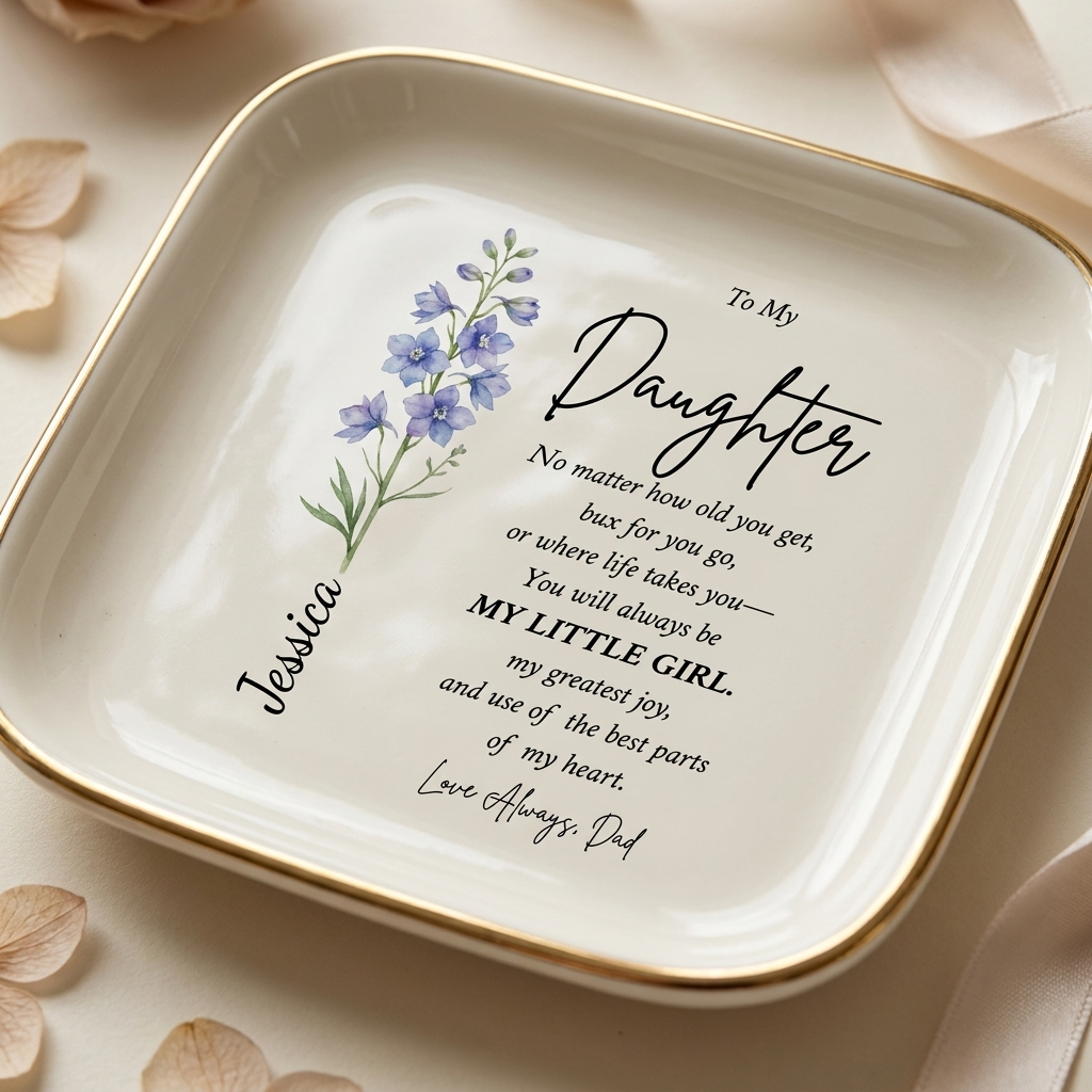 Birth Flower Ceramic Dish Personalized Name Design Custom Daughter Keepsake Gift Beautiful Floral Pattern Ring Holder Dresser Decor Sentimental Gift Collection Perfect Birthday Present Graduation Celebration Elegant Vanity Display Mother