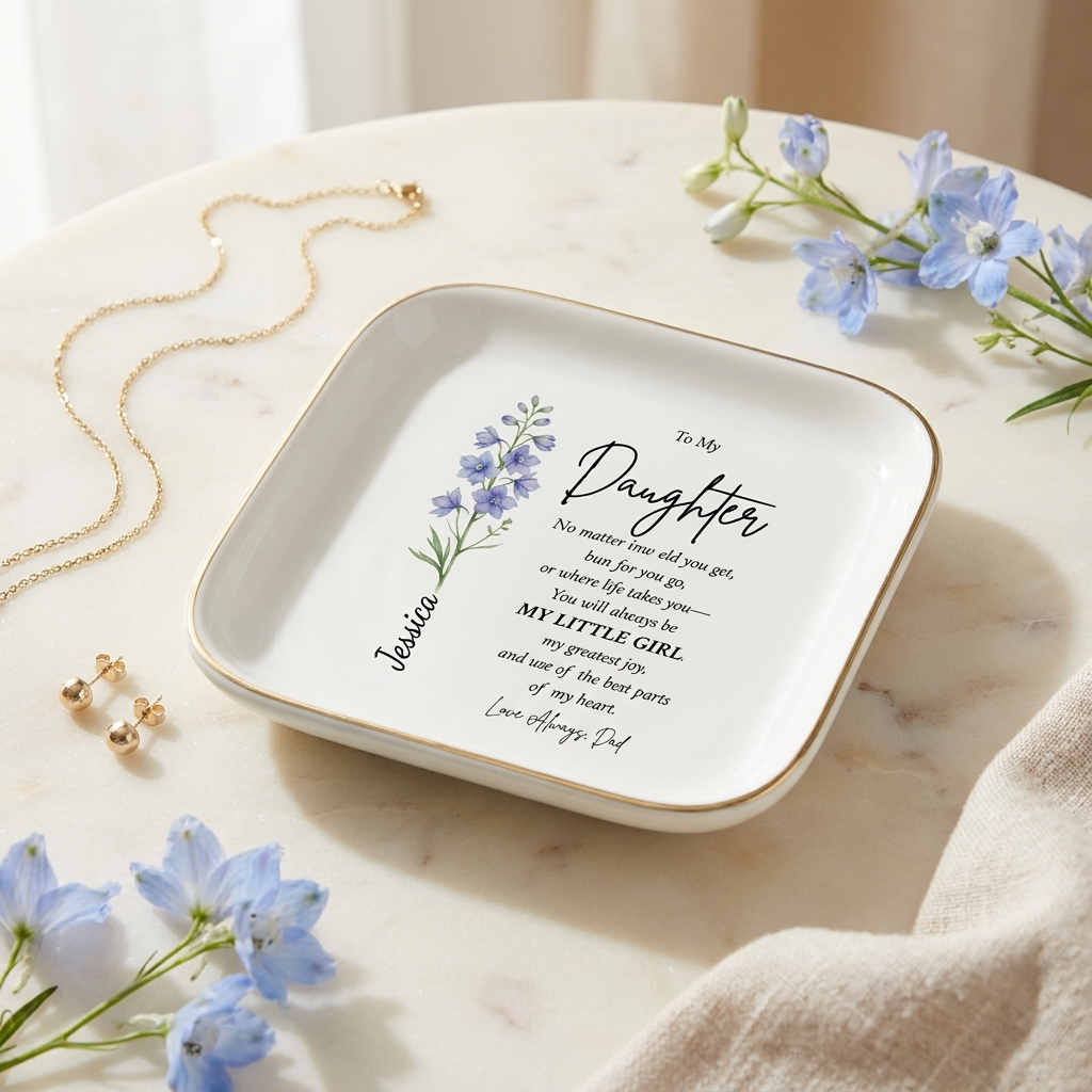 Daughter Keepsake Gift Personalized Jewelry Holder Custom Name Birth Flower Design Sentimental Message Collection Ceramic Dish Ring Storage Dresser Decor Beautiful Floral Pattern Perfect Birthday Gift Graduation Present Mother Daughter